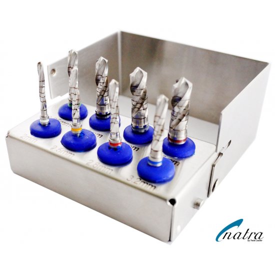 Dental Implant DRILLS KIT 8 Pcs Polished 3 Flute with FREE Bur Holder CE NATRA Germany